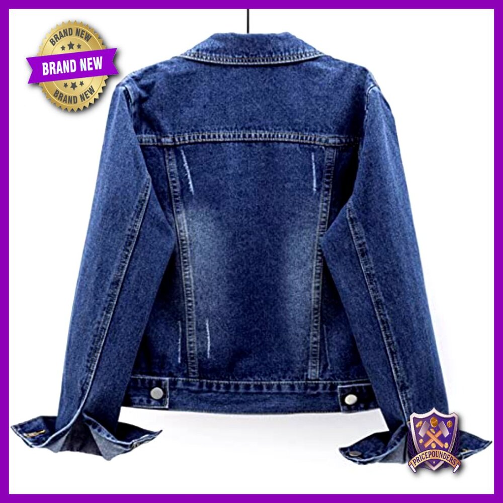 Distressed Denim Jacket Casual Chic Ripped Oversized Y2K Retro Style with - Picture 3 of 7